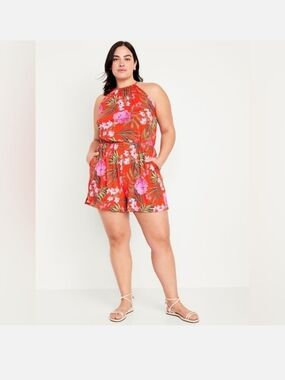 Orange Floral Sleeveless Romper
